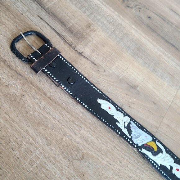 Handmade black tooled leather belt with painted eagles. - Picture 3 of 7